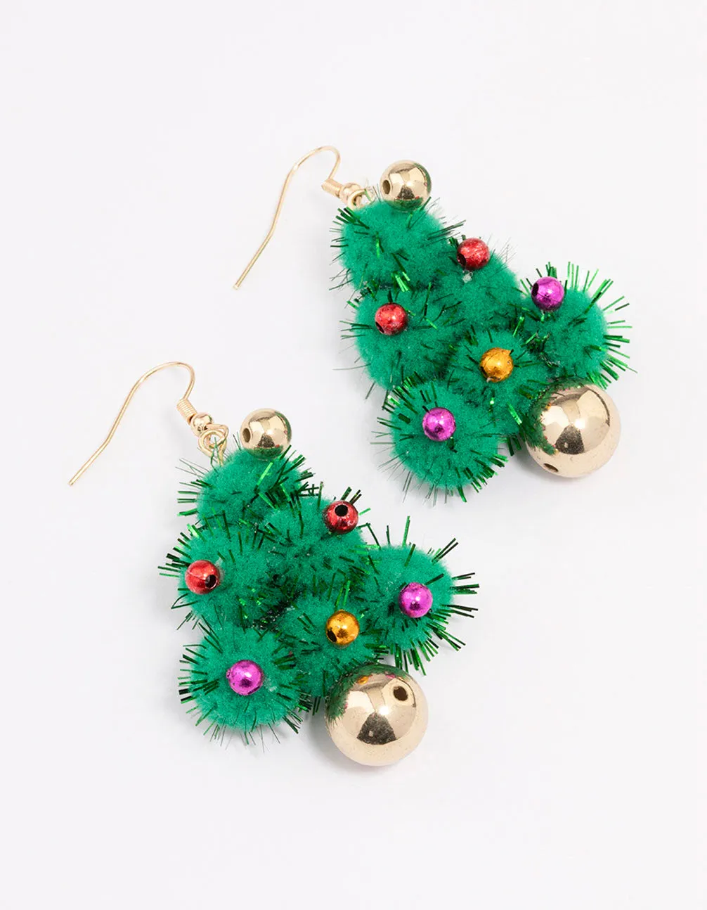 Green Pom Pom Tree Drop Earrings