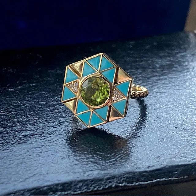 Harwell Godfrey 18k Inlay Turquoise / Peridot  Evil Eye Ring