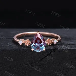 June Birthstone Engagement Ring Vintage 10k Rose Gold Nature Inspired Flower Alexandrite Opal Bridal Ring Unique Proposal/Valentine's Gifts