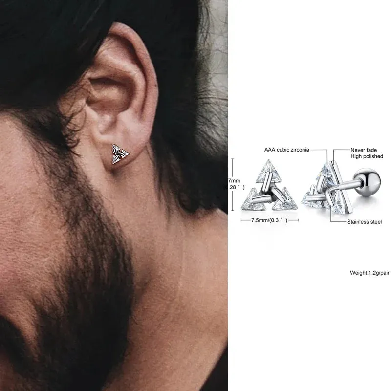 Men Stud Earring ,Triangle Pierced Crystal Zircon Stud Earrings,Stainless Steel Tiny Minimalist Studs for Mens Women Jewelry