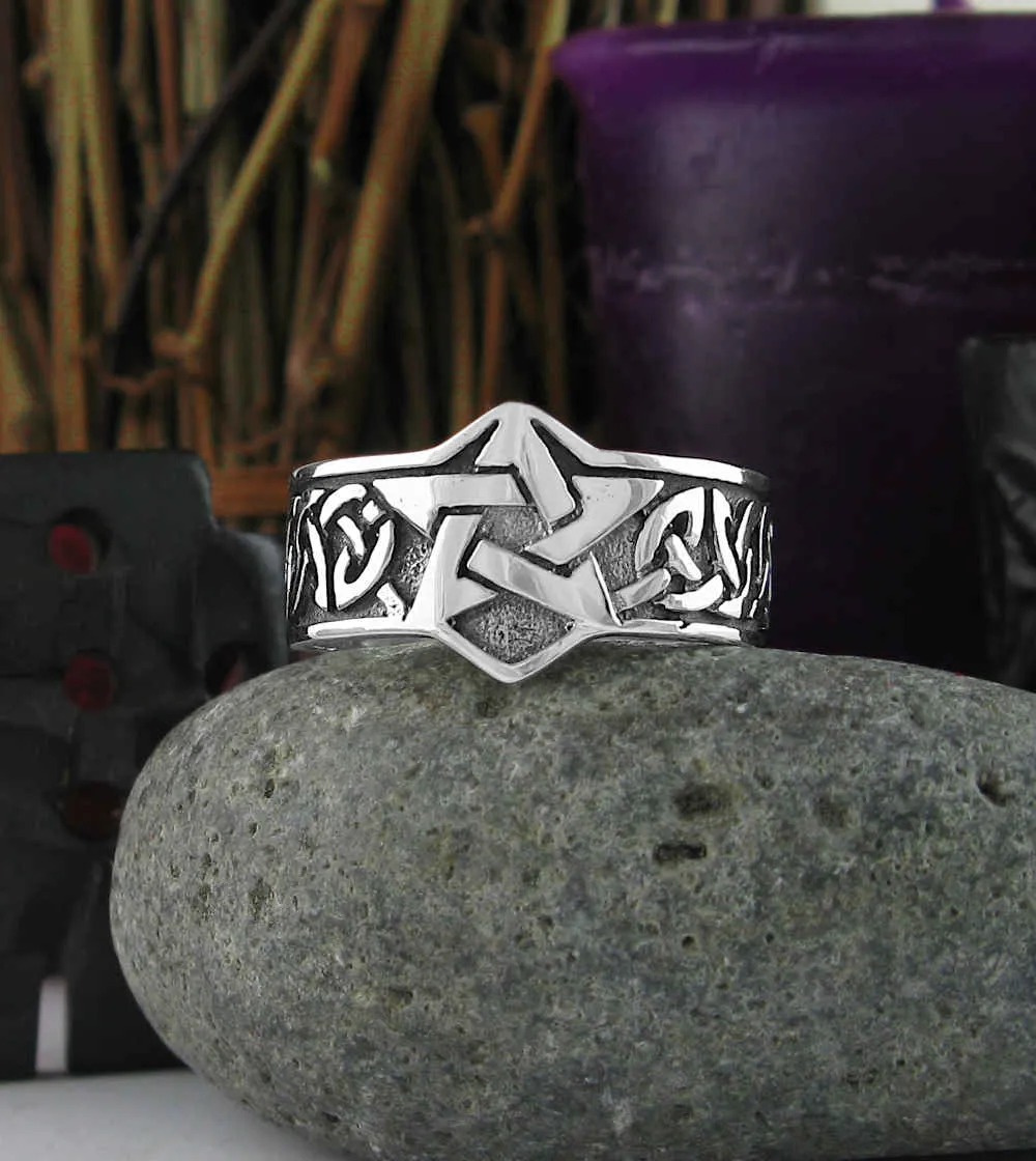 Men's Pentagram Ring With Wide Celtic Band, Oxidized