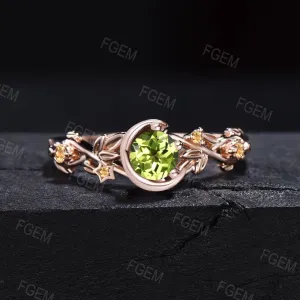 Moon Star Design Natural Peridot and Citrine Ring 10K Rose Gold Nature Inspired Green Peridot Promise Ring August Birthstone Birthday Gifts