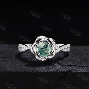 Nature Inspired Flower Moss Agate Engagement Ring Two Tone Rose Flower Moss Wedding Ring Vintage Leaf Branch Moss Agate Ring Moissanite Ring