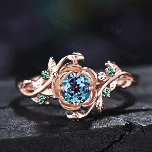 Nature Inspired Flower Wedding Ring 5mm Round Color-Change Alexandrite Engagement Ring Leaf Branch Cluster Emerald Ring June Birthstone Gift