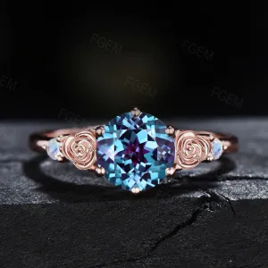 Nature Inspired Rose Flower Alexandrite Moonstone Ring 1.2ct Round Color-Change Alexandrite Wedding Ring Floral Bridal Ring Birthday Gifts