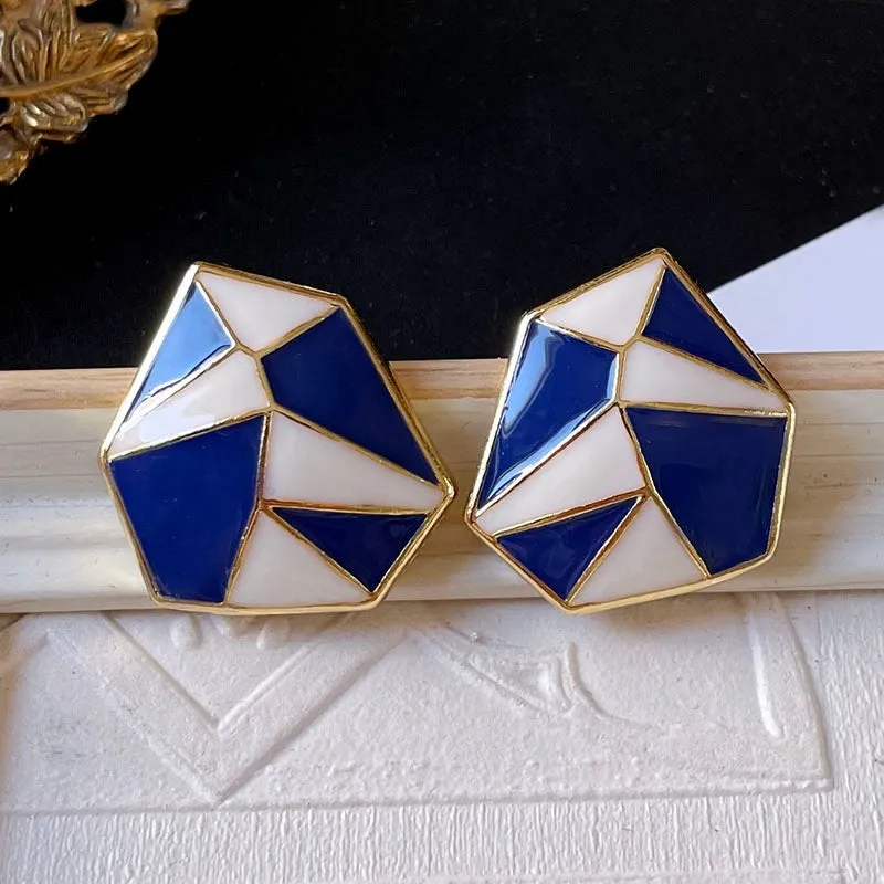 Navy Blue n White Enamel Geometric Earrings