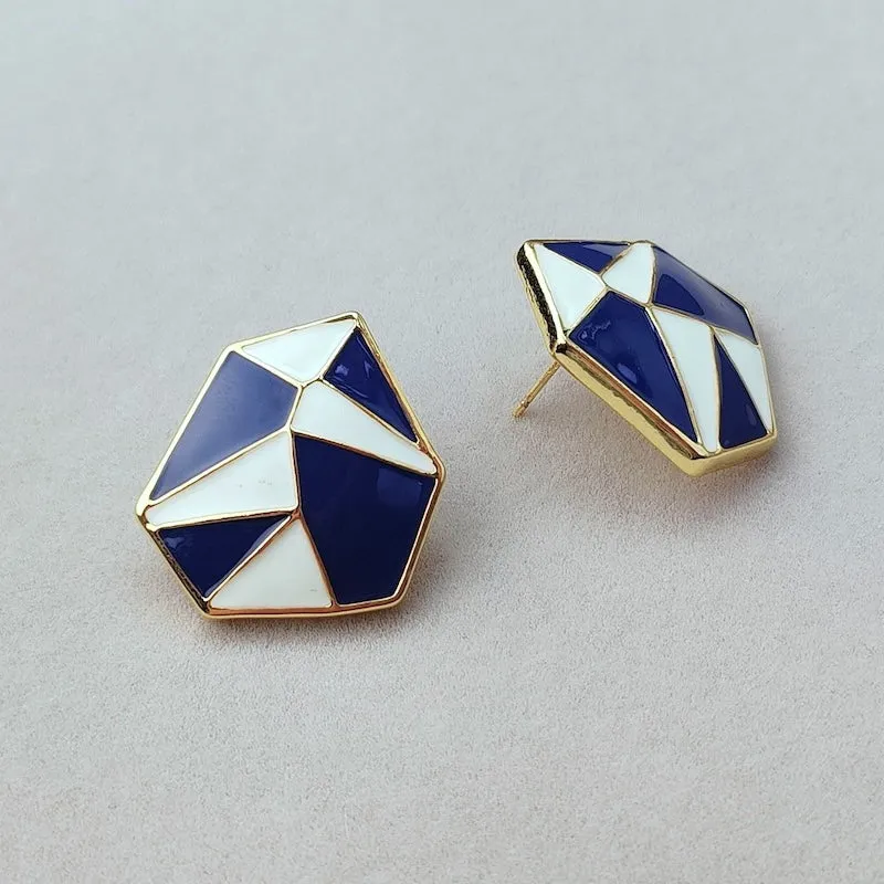 Navy Blue n White Enamel Geometric Earrings