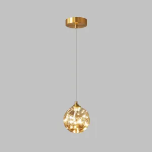 Nordic Amber Glass LED Pendant Lamp with Brass Finish and Starry Design for Bedroom