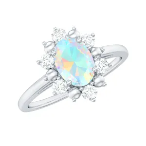 Oval Ethiopian Opal Floral Halo Engagement Ring with Diamond