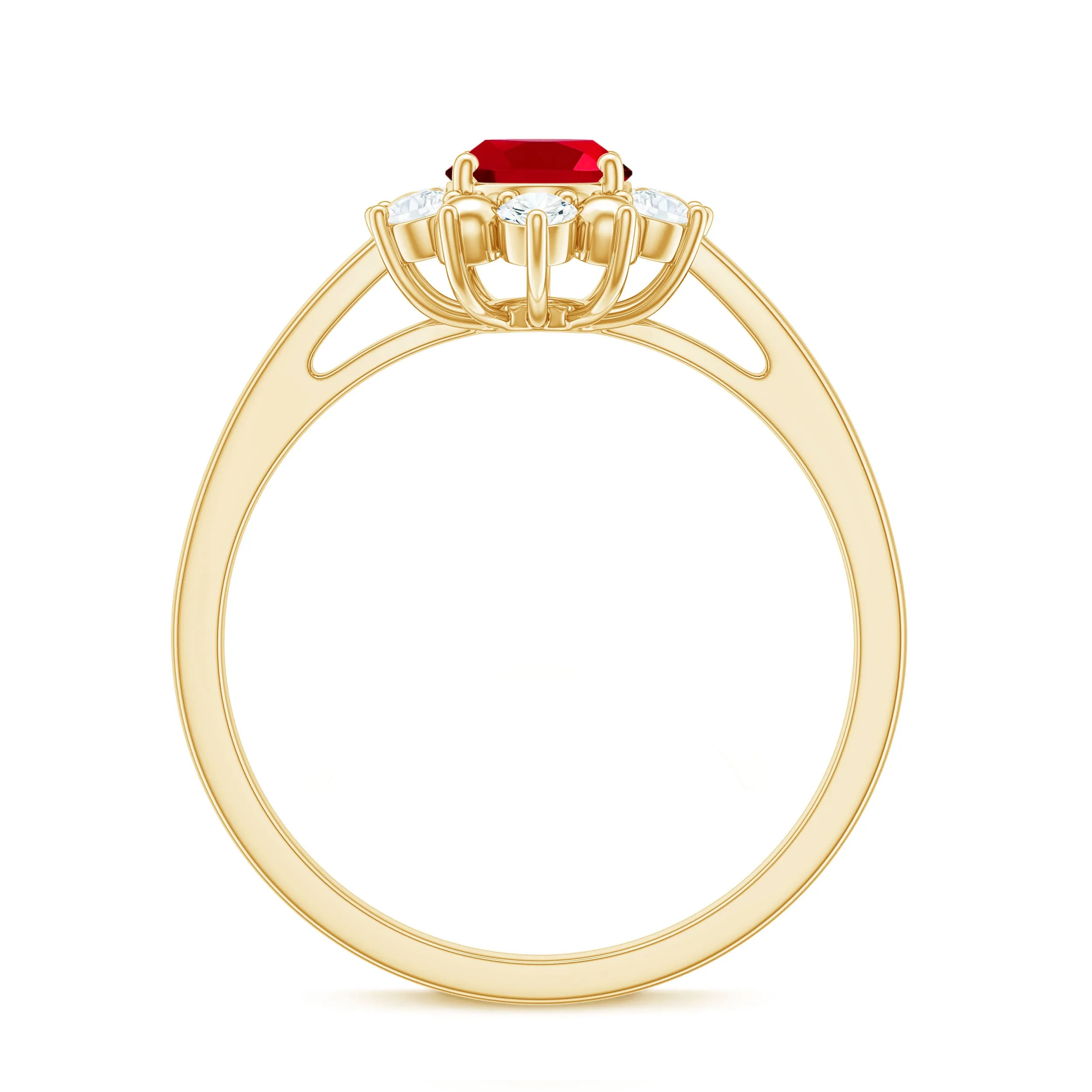 Oval Lab-Created Ruby Floral Halo Ring with Diamond