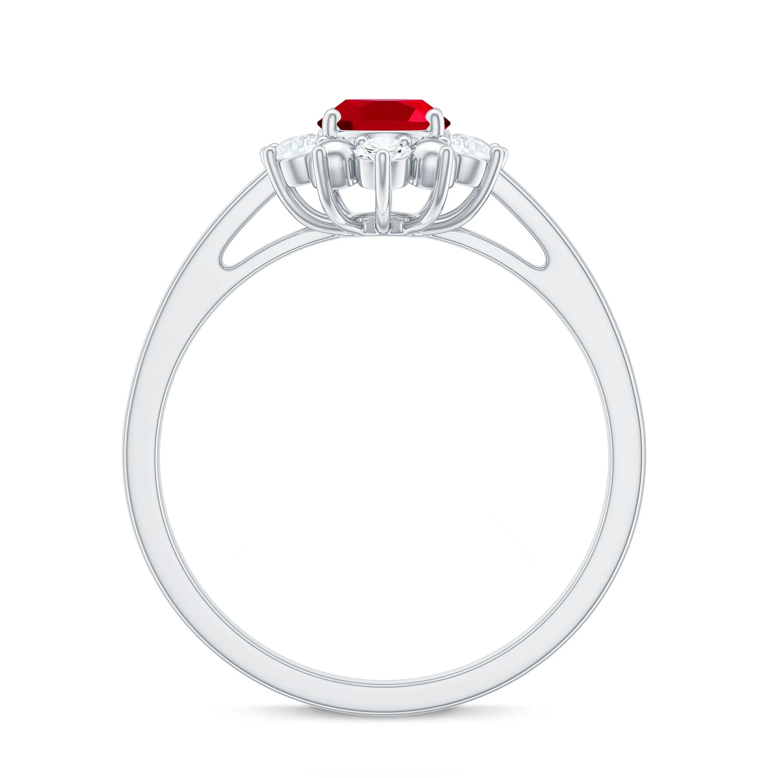 Oval Lab-Created Ruby Floral Halo Ring with Diamond