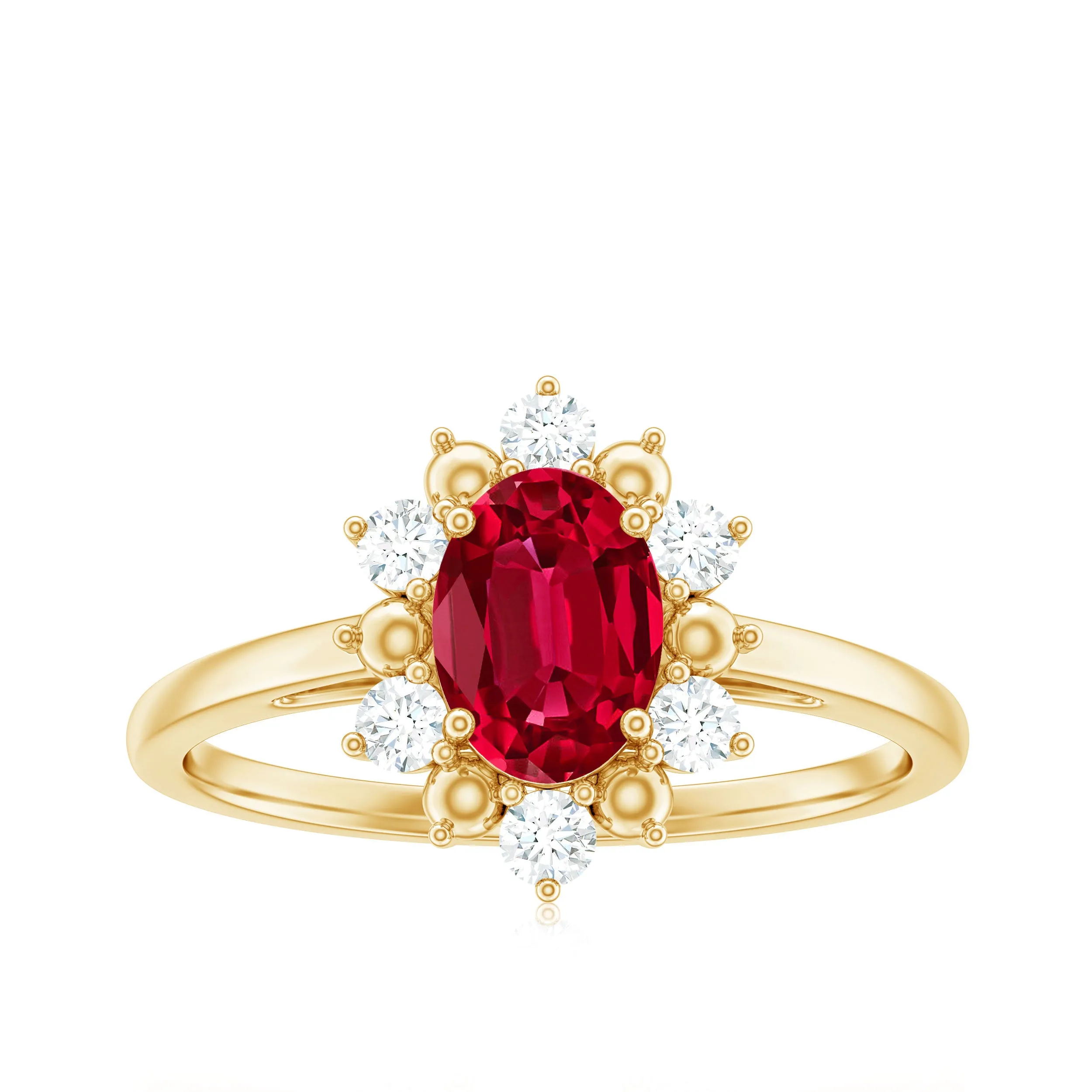 Oval Lab-Created Ruby Floral Halo Ring with Diamond