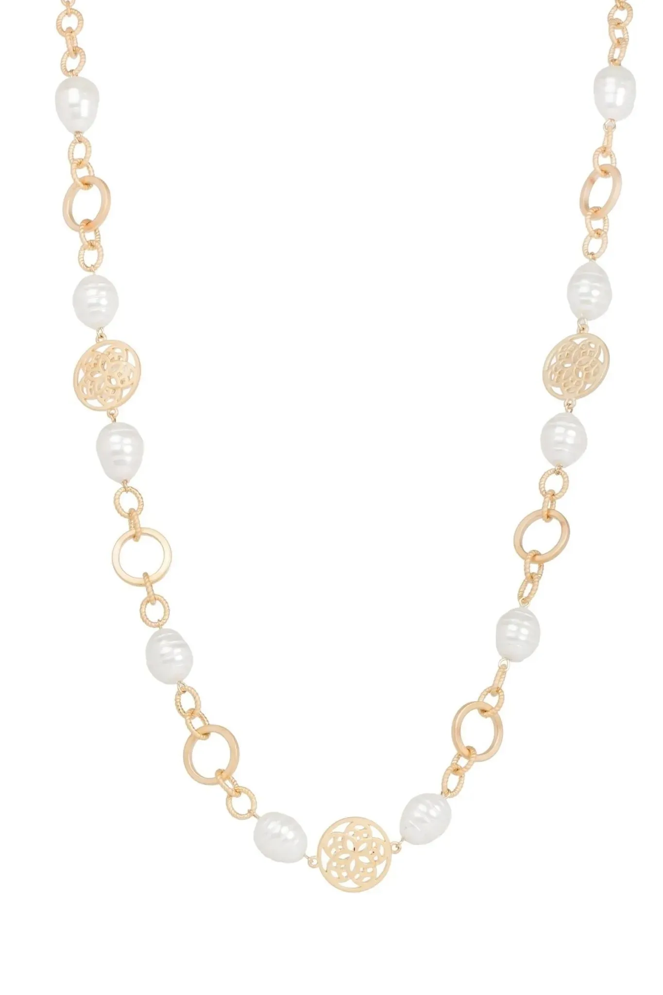 Pearl Long Chain Medallion Necklace