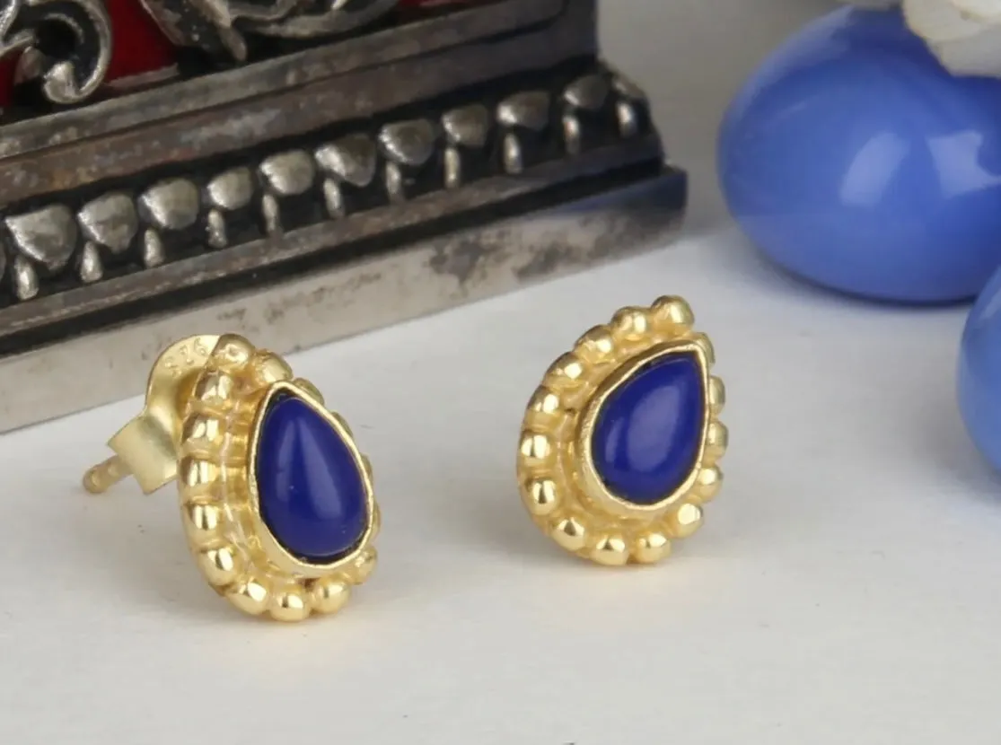 Petite Pear-Shaped Lapis Lazuli Gemstone Stud Earrings