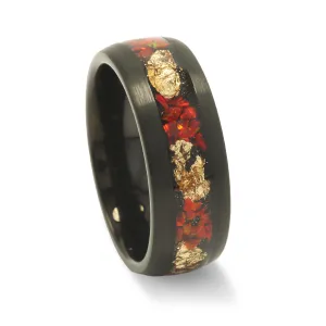 "Crimson Nebula " Black Tungsten Wedding Band with Crushed Red Fire Opal Inlay and Brushed Dome Finish