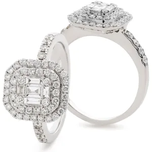 Rectangle Diamond Halo Cluster Ring 0.90ct F-VS Quality 18k White Gold