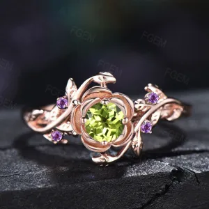 Rose Flower Engagement Ring 5mm Round Natural Peridot Wedding Ring Nature Inspired Leaf Floral Cluster Amethyst Ring August Birthstone Gift