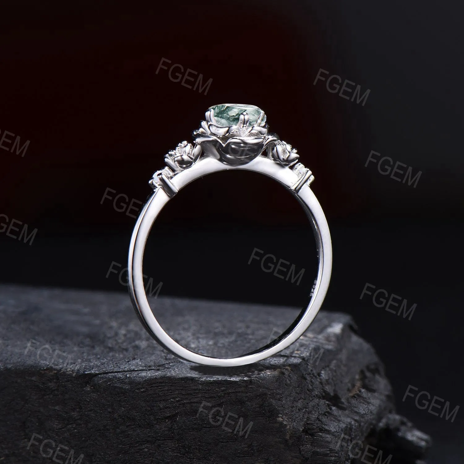 Rose Flower Engagement Ring Sterling Silver Round Natural Moss Agate Wedding Ring Floral Green Moss Opal Bridal Ring Propose Gifts for Women