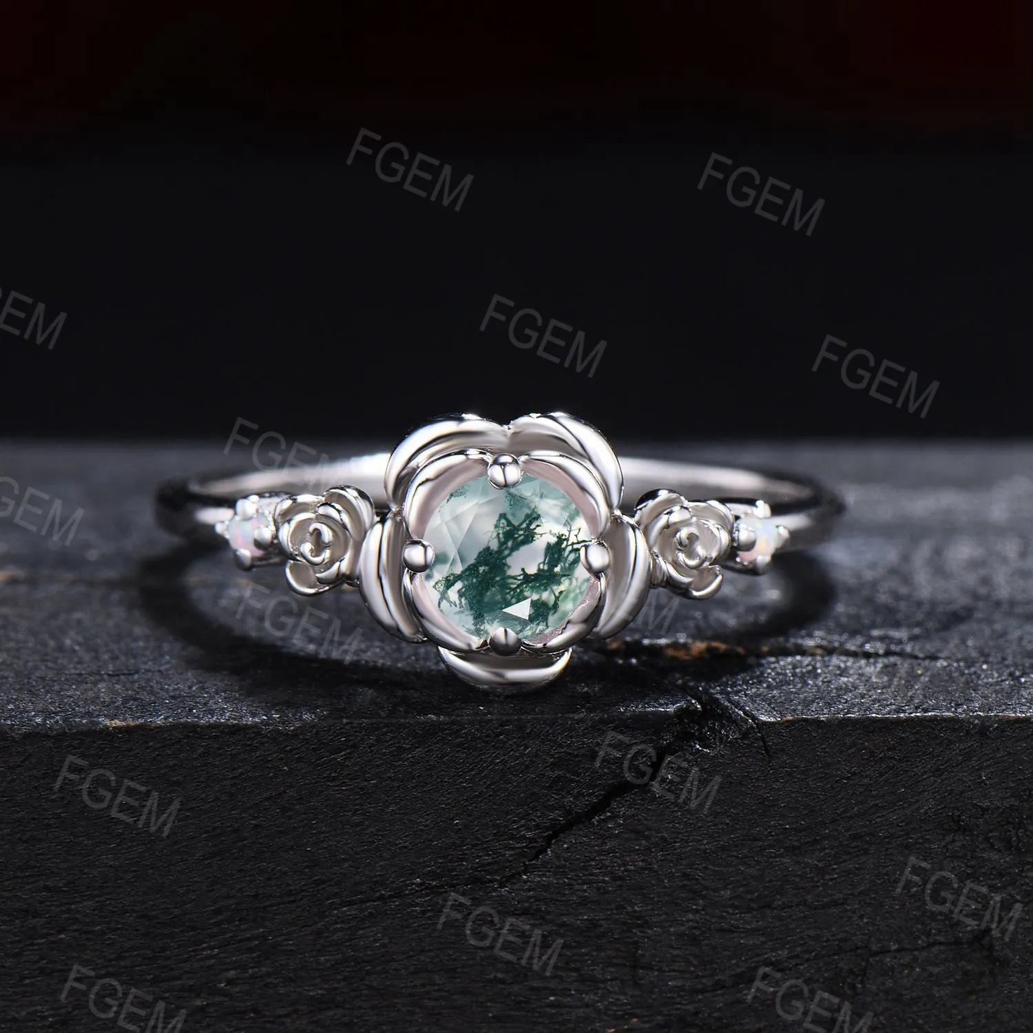 Rose Flower Engagement Ring Sterling Silver Round Natural Moss Agate Wedding Ring Floral Green Moss Opal Bridal Ring Propose Gifts for Women