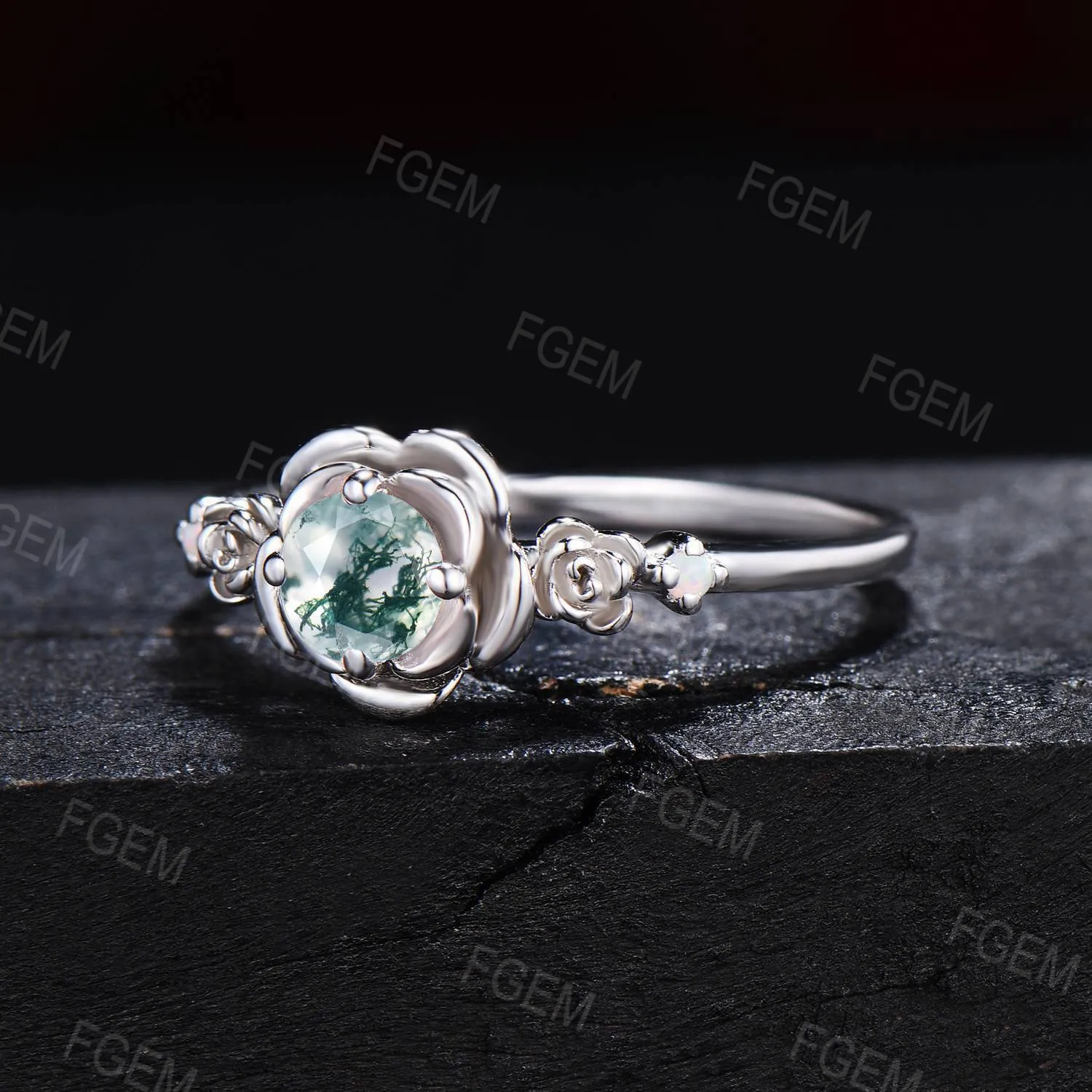 Rose Flower Engagement Ring Sterling Silver Round Natural Moss Agate Wedding Ring Floral Green Moss Opal Bridal Ring Propose Gifts for Women