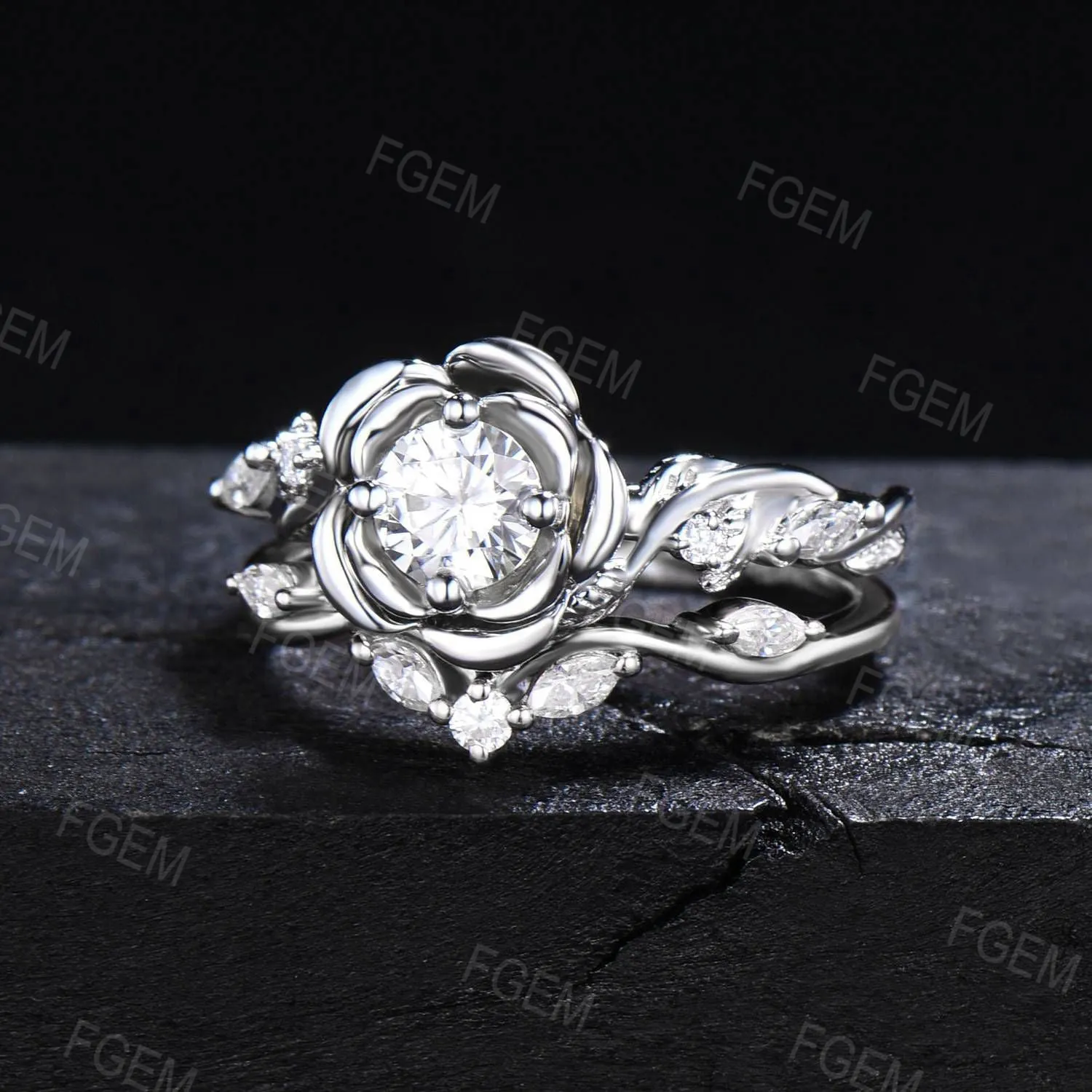 Rose Flower Moissanite Engagement Ring Set 5mm Round Moissanite Bridal Set Silver Floral Ring Nature Inspired Entangled Vine Ring Women Gift