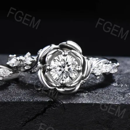 Rose Flower Moissanite Engagement Ring Set 5mm Round Moissanite Bridal Set Silver Floral Ring Nature Inspired Entangled Vine Ring Women Gift