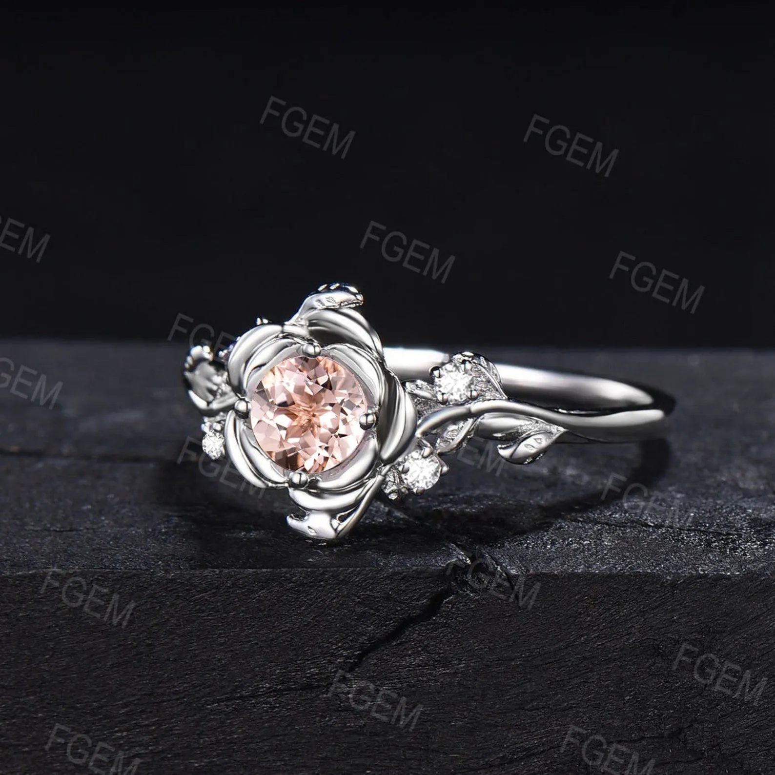 Rose Flower Morganite Engagement Ring 5mm Round Natural Morganite Wedding Ring 10K Rose Gold Floral Ring Nature Inspired Leaf Diamond Ring