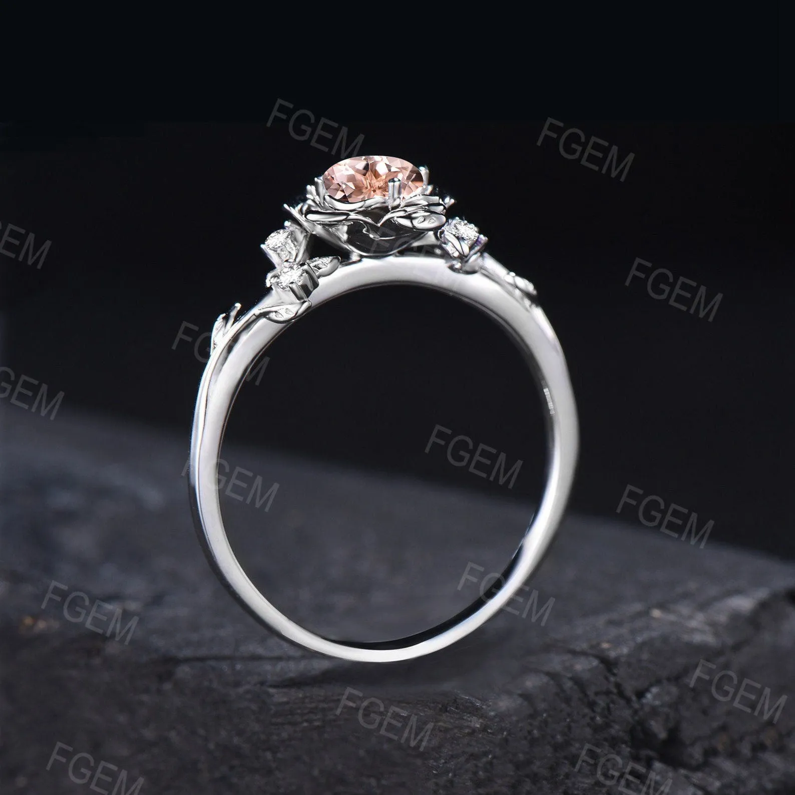 Rose Flower Morganite Engagement Ring 5mm Round Natural Morganite Wedding Ring 10K Rose Gold Floral Ring Nature Inspired Leaf Diamond Ring