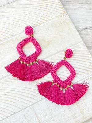 Seed Bead Fringe Dangle Earrings - Fuchsia