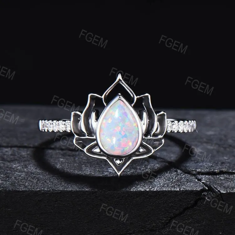 Sterling Silver Lotus Flower Engagement Rings Pear Shaped White Opal Ring October Birthstone Jewelry Unique Wedding Birthday Gift for Women