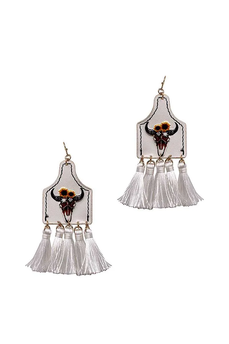 Stylish Western Cow Skull And Tassel Drop Earring