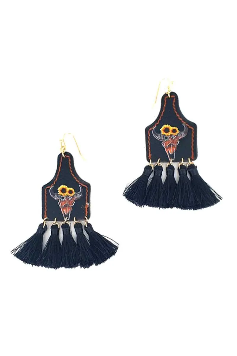 Stylish Western Cow Skull And Tassel Drop Earring