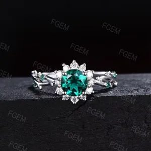 Sunflower Emerald Engagement Ring Round Green Emerald Twig Wedding Ring 10K White Gold Nature Inspired Leaf Floral Emerald Ring Promise Gift