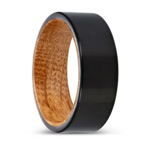 VALENTIN | Whiskey Barrel Wood, Black Tungsten Ring, Shiny, Flat