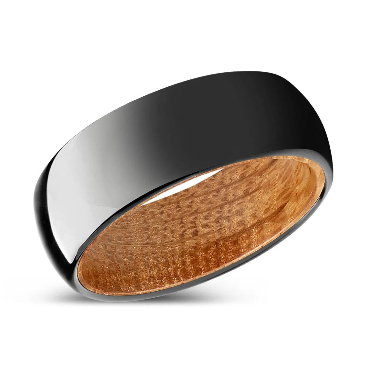 VERDANT | Whiskey Barrel Wood, Black Tungsten Ring, Shiny, Domed