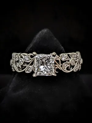 White Gold Princess Cut Diamond Floral Engagement Ring