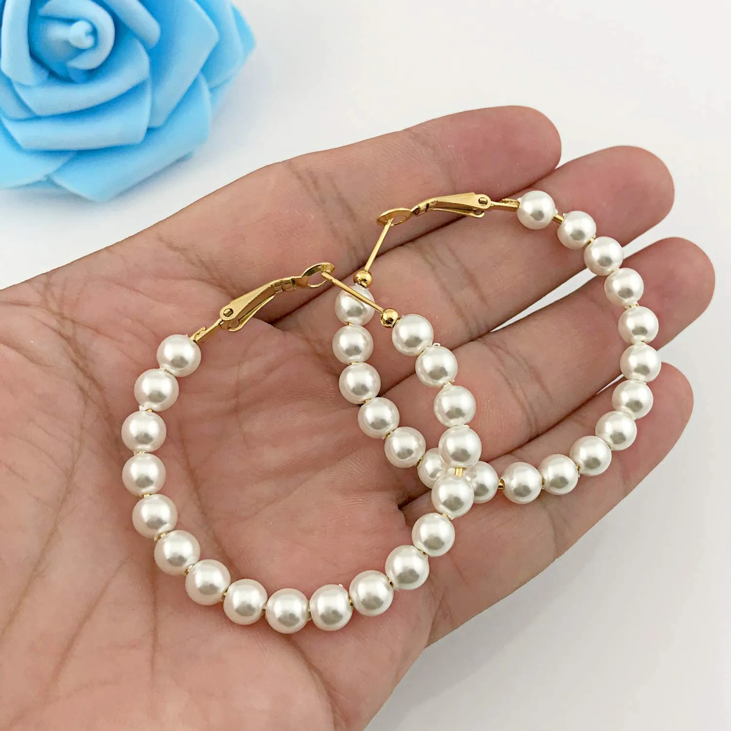 White Pearl Hoop Fashion Drop Dangle Hypoallergenic Layer Earrings