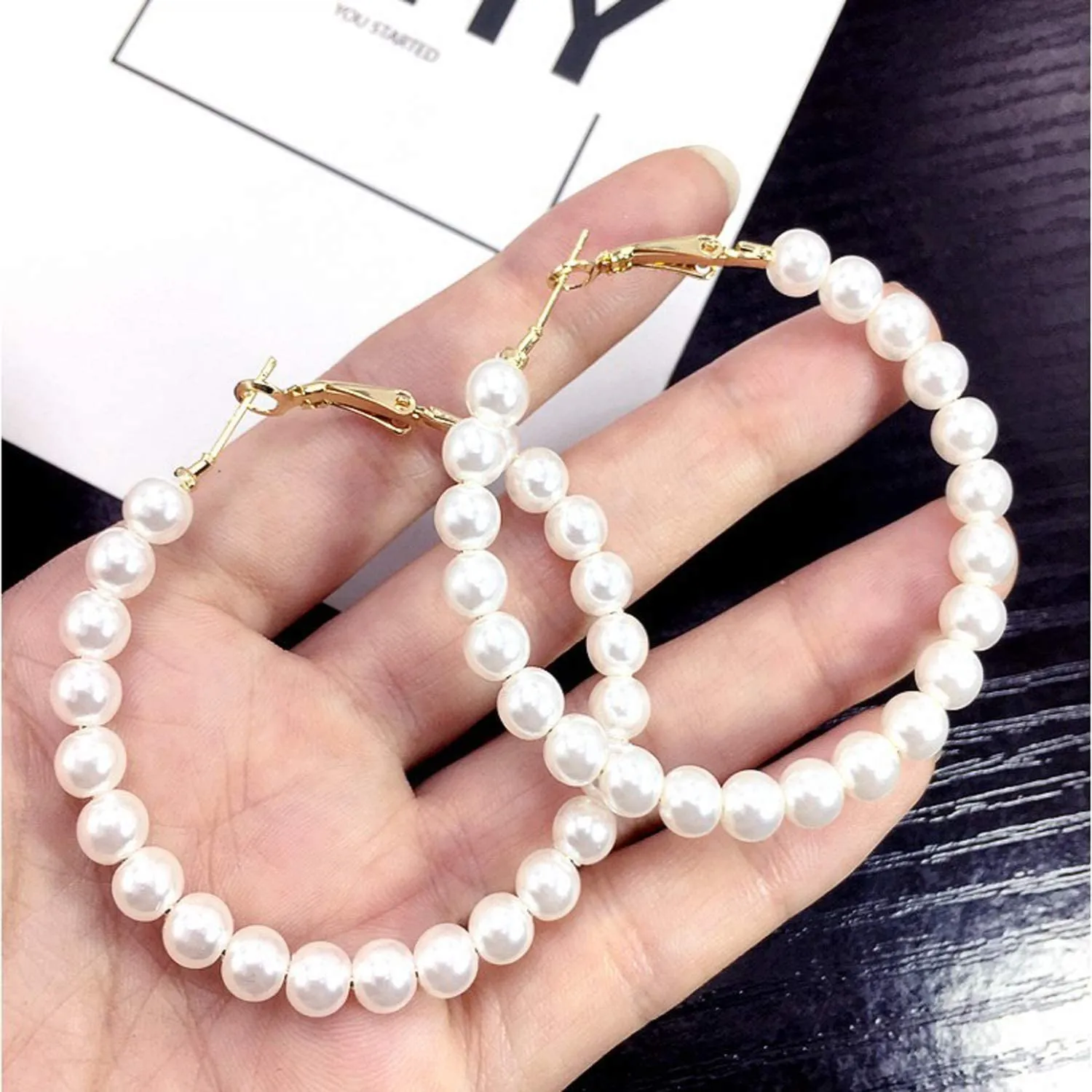 White Pearl Hoop Fashion Drop Dangle Hypoallergenic Layer Earrings